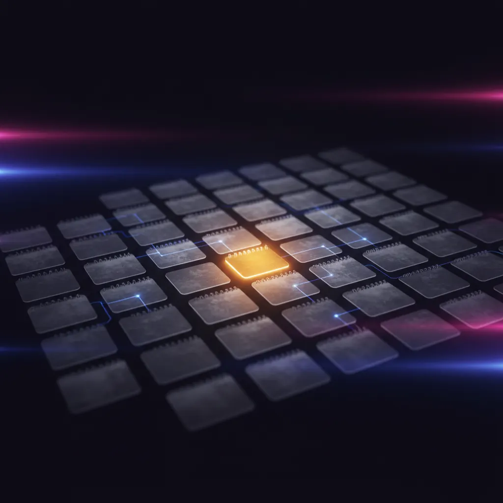 Dim grid of faded content cards with one amber card glowing in the middle