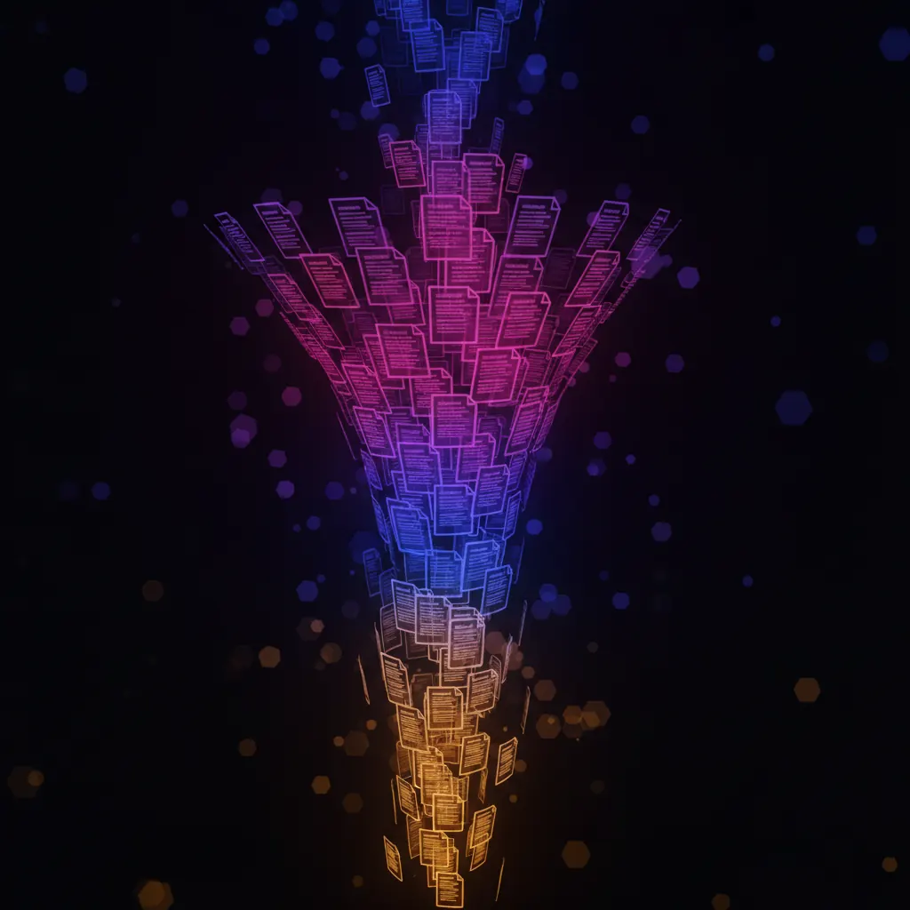 Vertical content funnel in indigo, pink, blue, and amber
