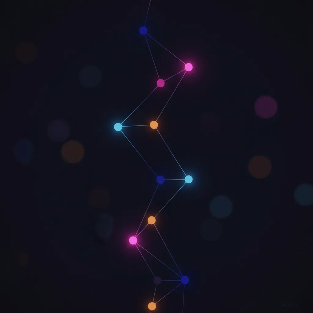 Vertical timeline of indigo, pink, blue, and amber signal nodes pulsing at different intensities