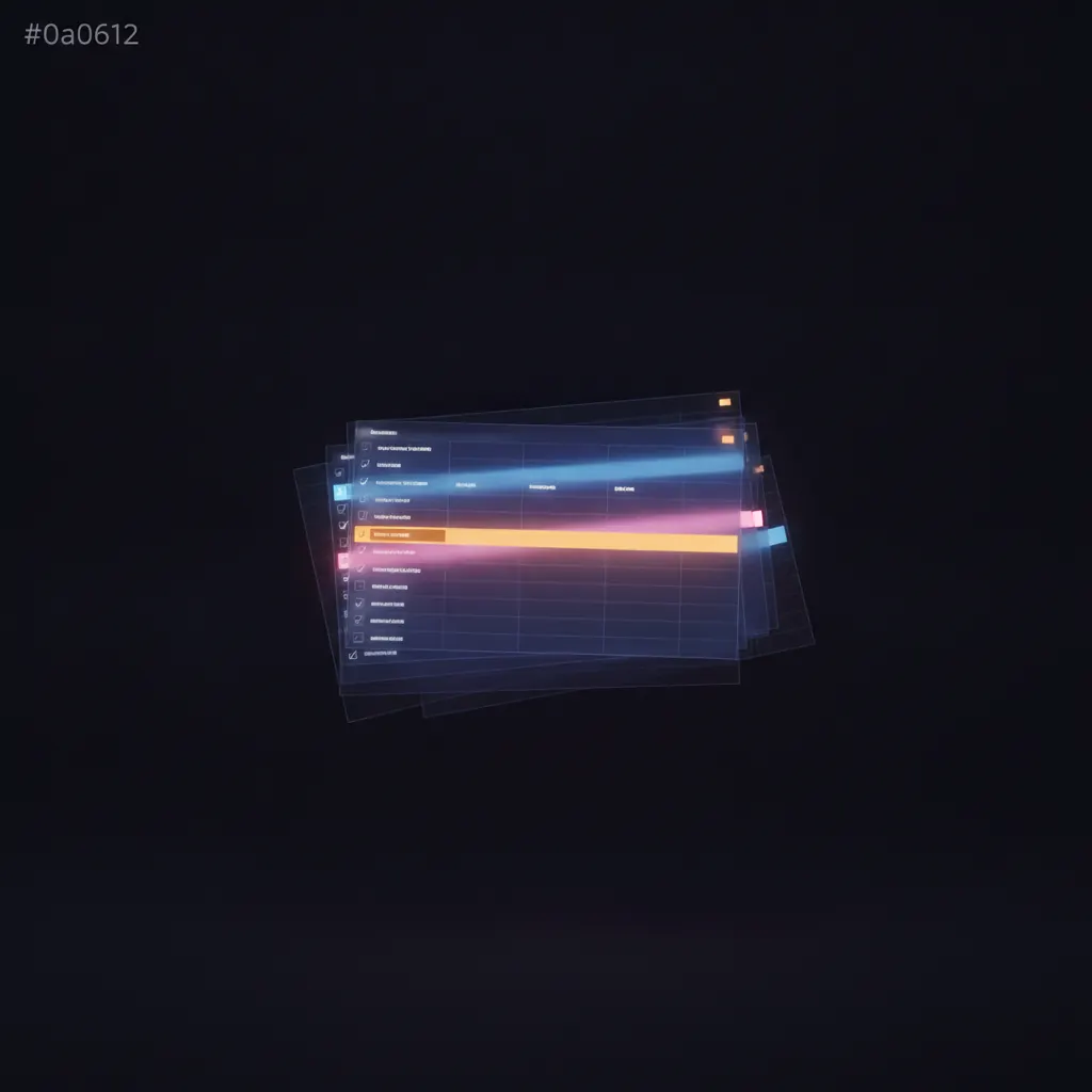 Translucent stack of checkbox grids floating in space with one amber row glowing