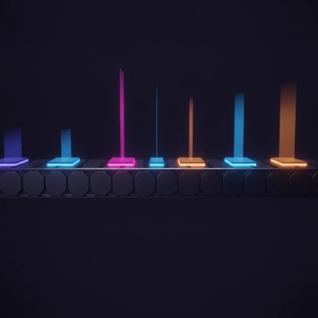 Glowing tiles flowing on a conveyor sorted by abstract beams of light overhead
