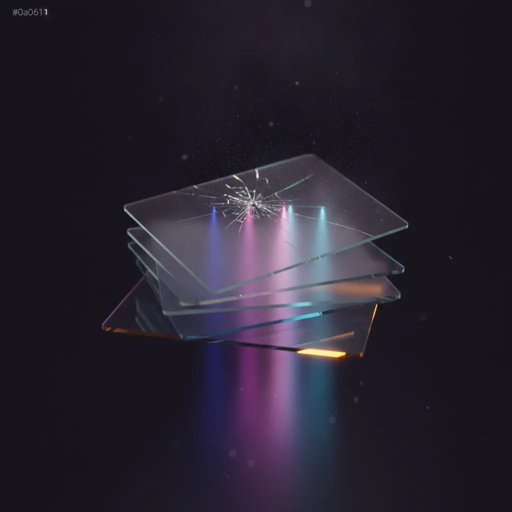 Stacked translucent cards floating in space with the top one cracked and fading