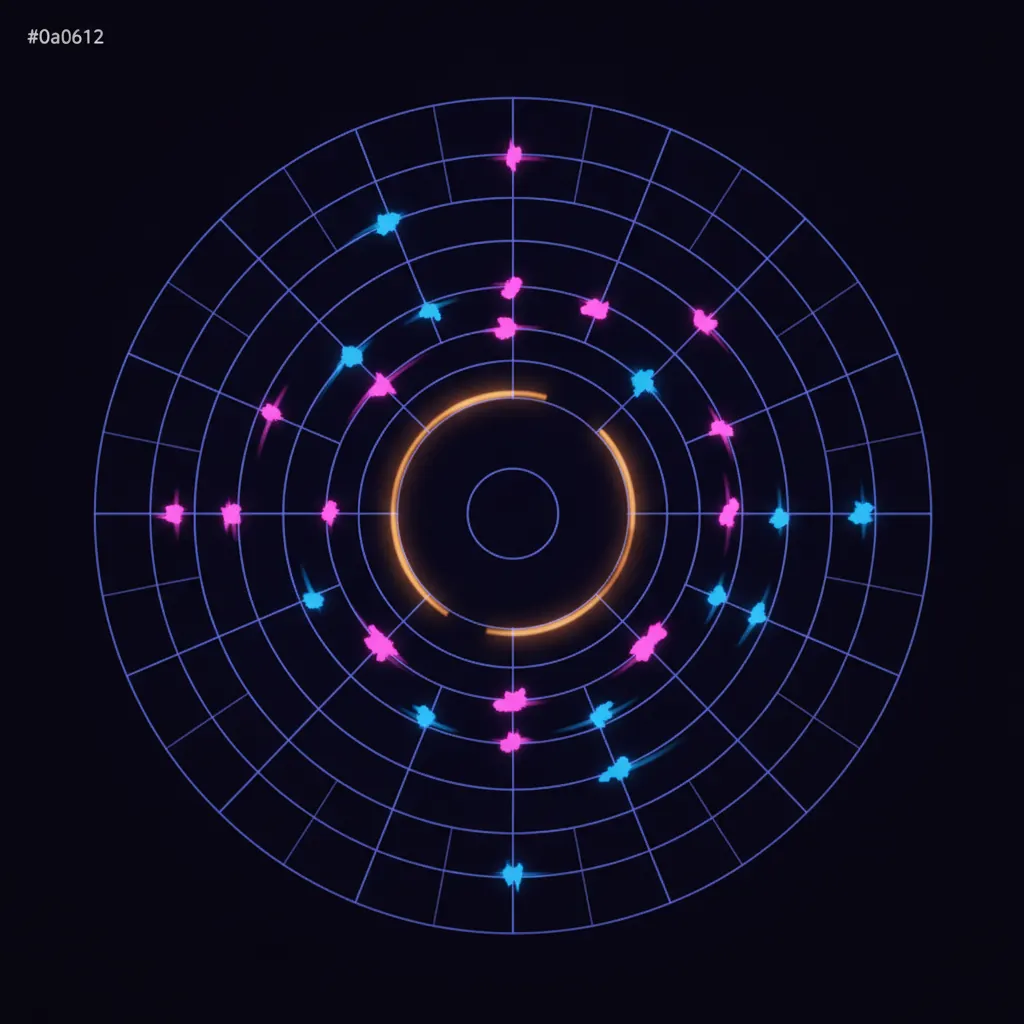 Indigo radar grid with pink and blue signal blips and an amber ping spreading outward