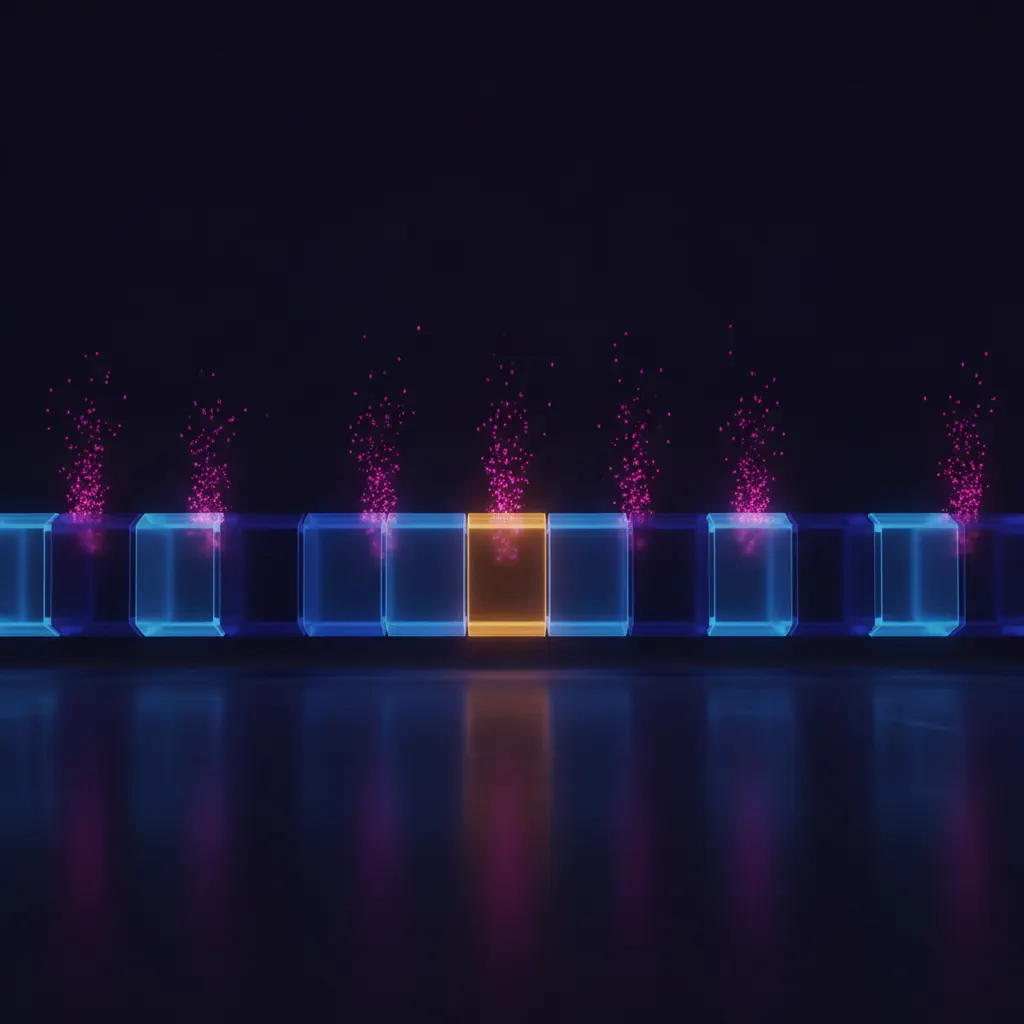 Conveyor belt of glowing slabs in indigo and blue with one amber slab highlighted