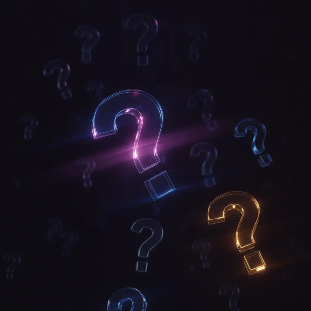 Cascading translucent question-mark glyphs in deep space with one amber focal point