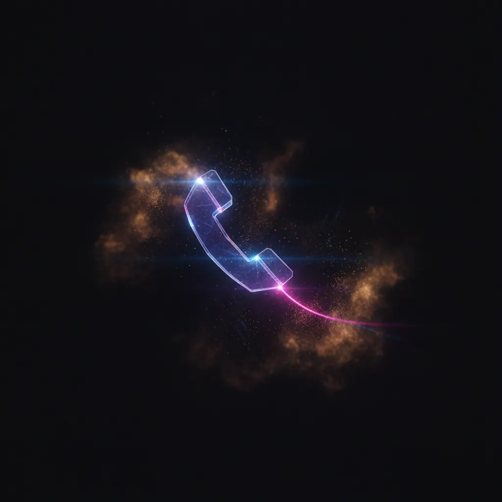 Translucent indigo phone receiver shape suspended in deep space with a thin pink connection line trailing off-frame