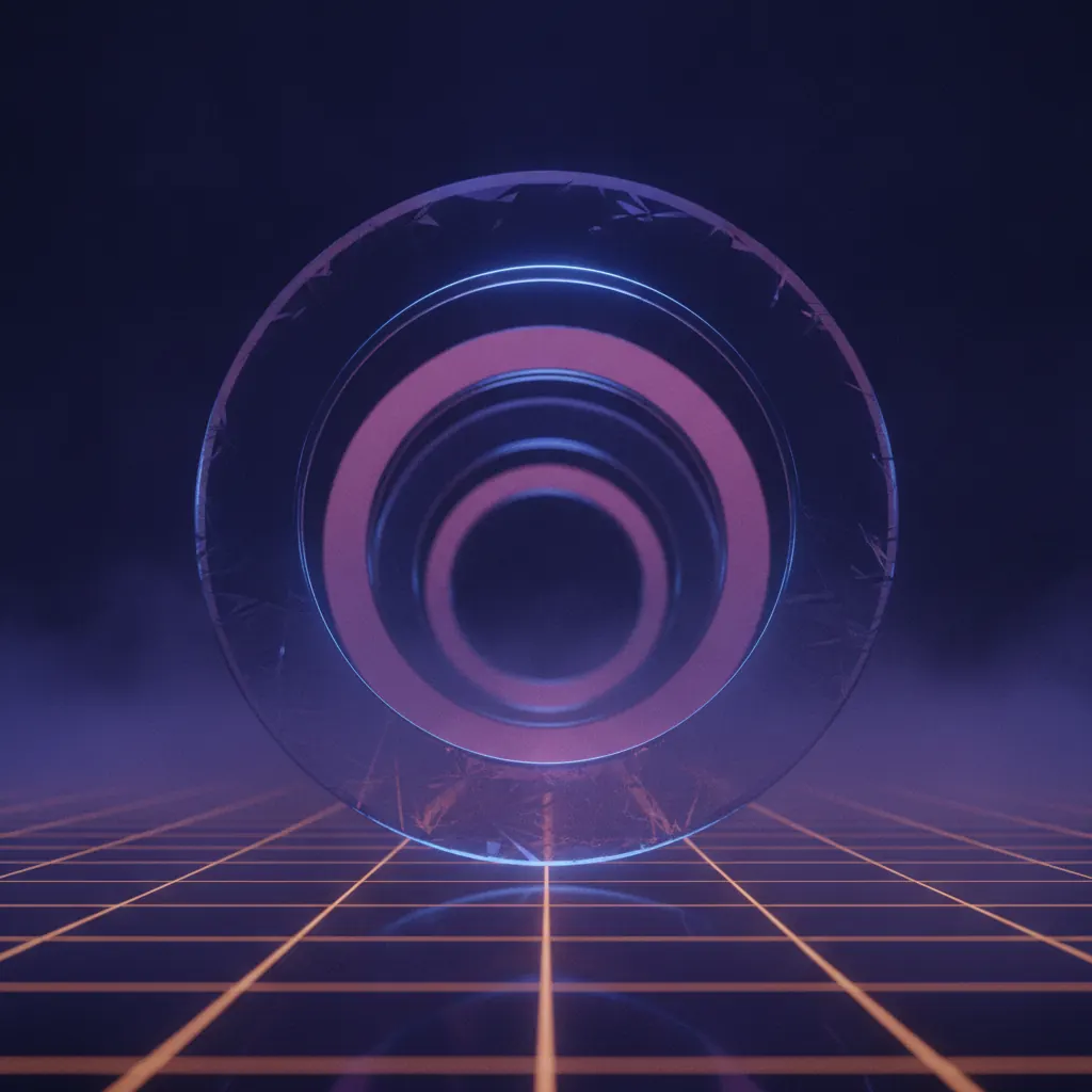 Concentric translucent indigo and pink ring shapes suspended over a faint amber grid with one ring pulled forward