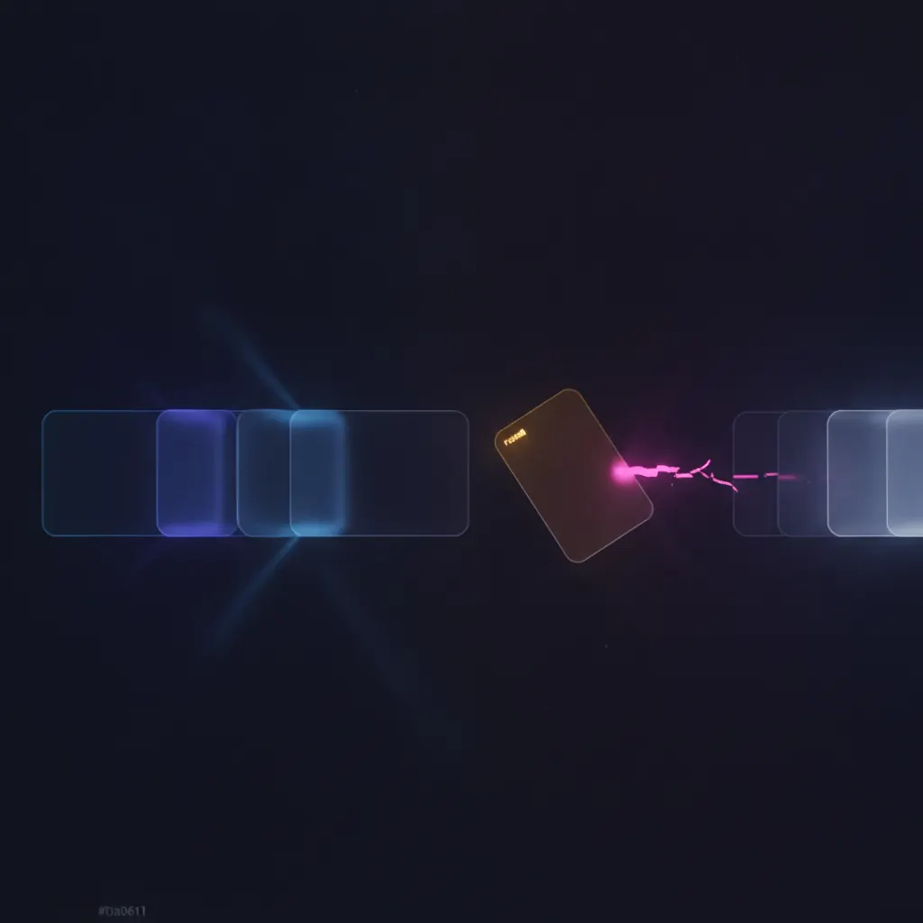 Stacked translucent onboarding milestone cards in dark space with one amber card frozen partway and a pink progress line fragmenting