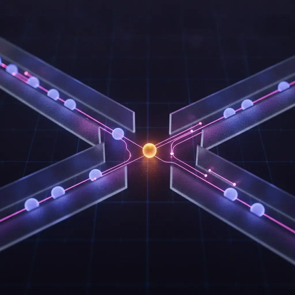 Glowing indigo contract nodes flowing through translucent channels with one amber node stalled at a fork and pink redline threads branching off