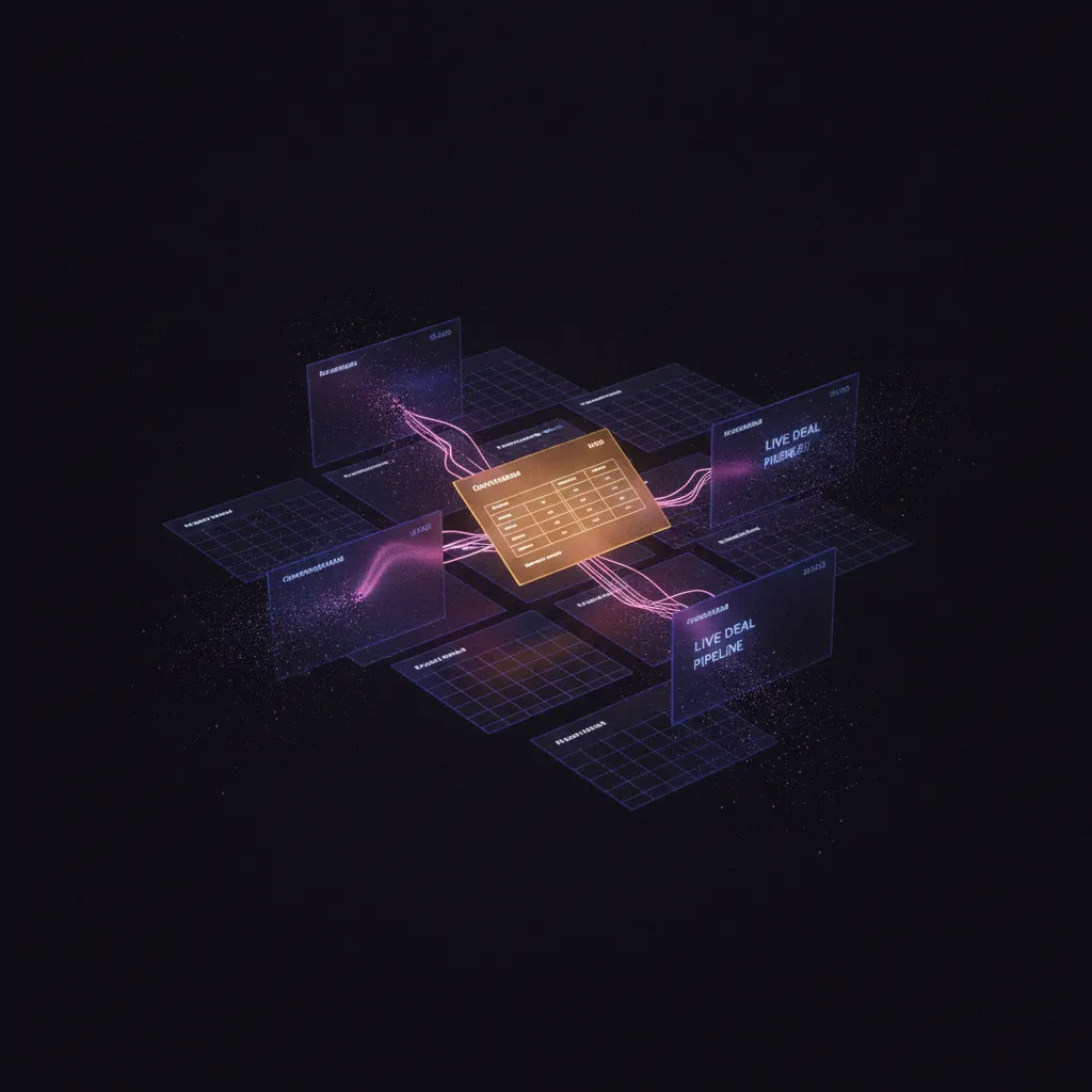 Stacked translucent battlecard panels in dark space with one amber panel frozen mid-flip and pink alert threads branching to a live deal pipeline