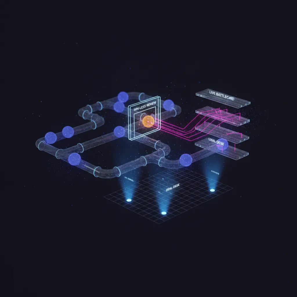 Glowing indigo intel-scraping nodes flowing through translucent pipeline stages with one amber node stalled at a win-loss review gate and pink competitor threads branching to a live battlecard shelf