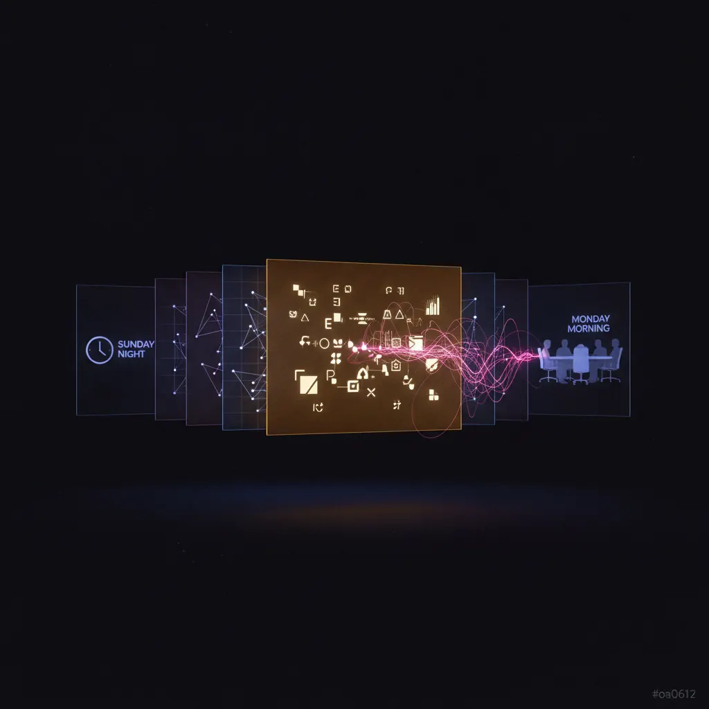Stacked translucent slide panels in dark space with one amber panel frozen mid-flip and pink alert threads branching from a Sunday clock to a Monday boardroom