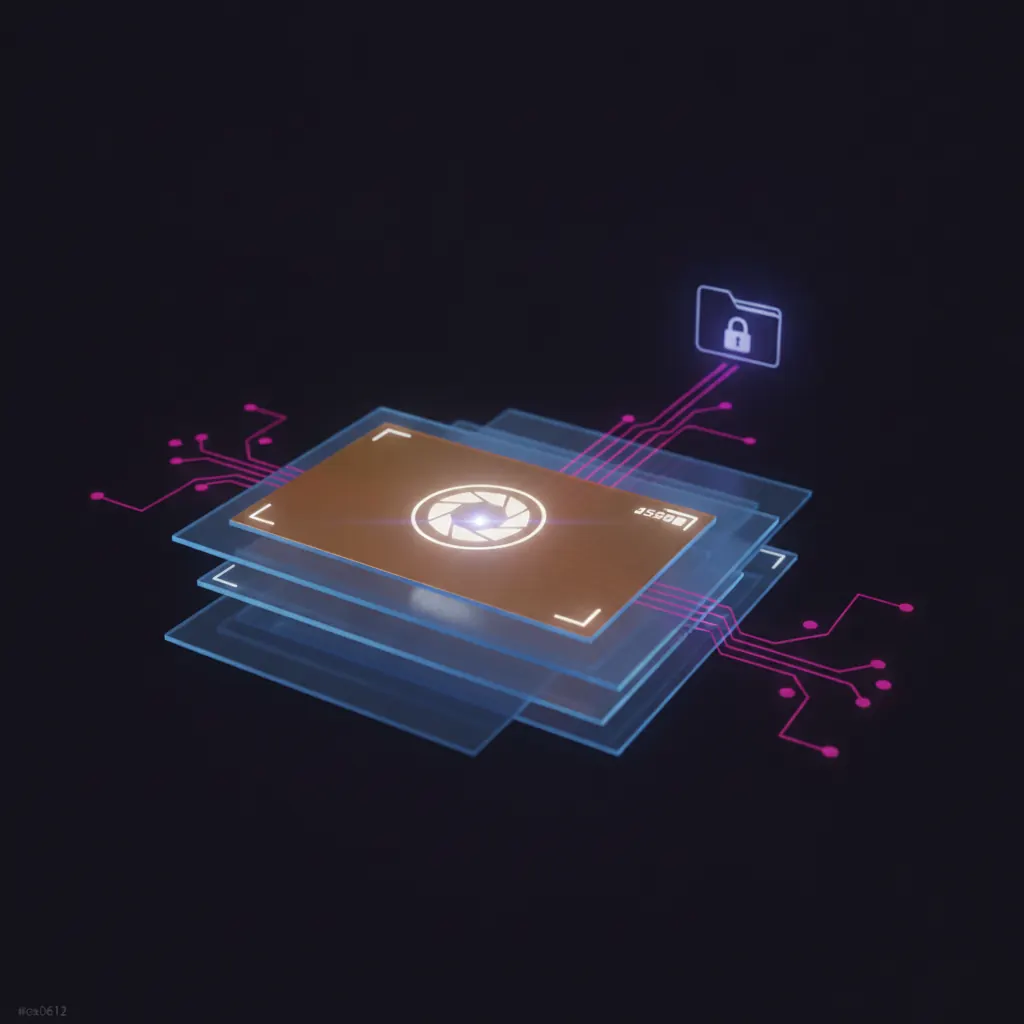 Stacked translucent evidence panels in dark space with one amber panel frozen mid-screenshot and pink audit threads branching between the pages