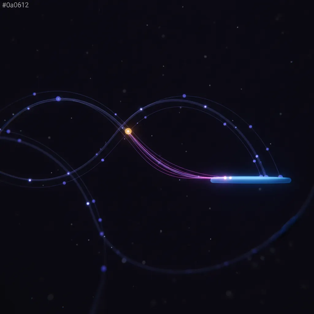 Glowing indigo touch nodes flowing through translucent attribution arcs with one amber node stalled at a Direct bucket fork and pink threads branching to a stitched pipeline shelf
