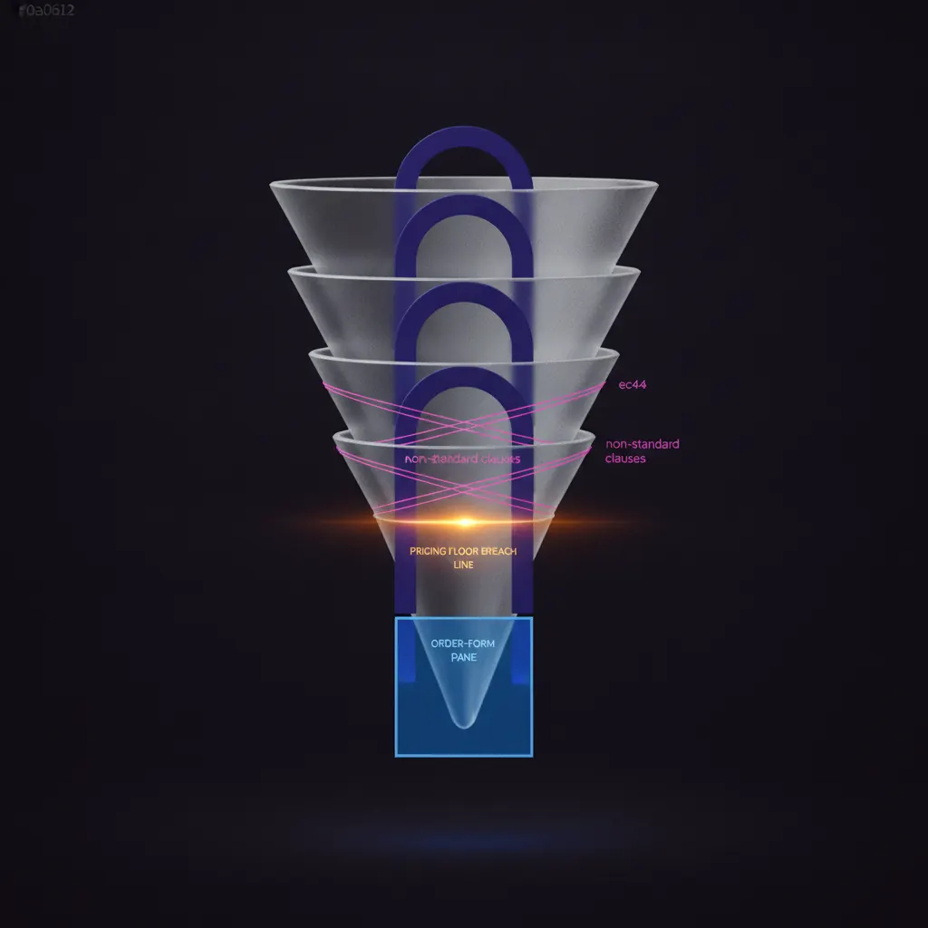 Translucent CPQ approval funnel with stacked indigo gates, one gate pulsing amber at a pricing floor breach line, pink redline threads catching clauses before a blue order-form pane