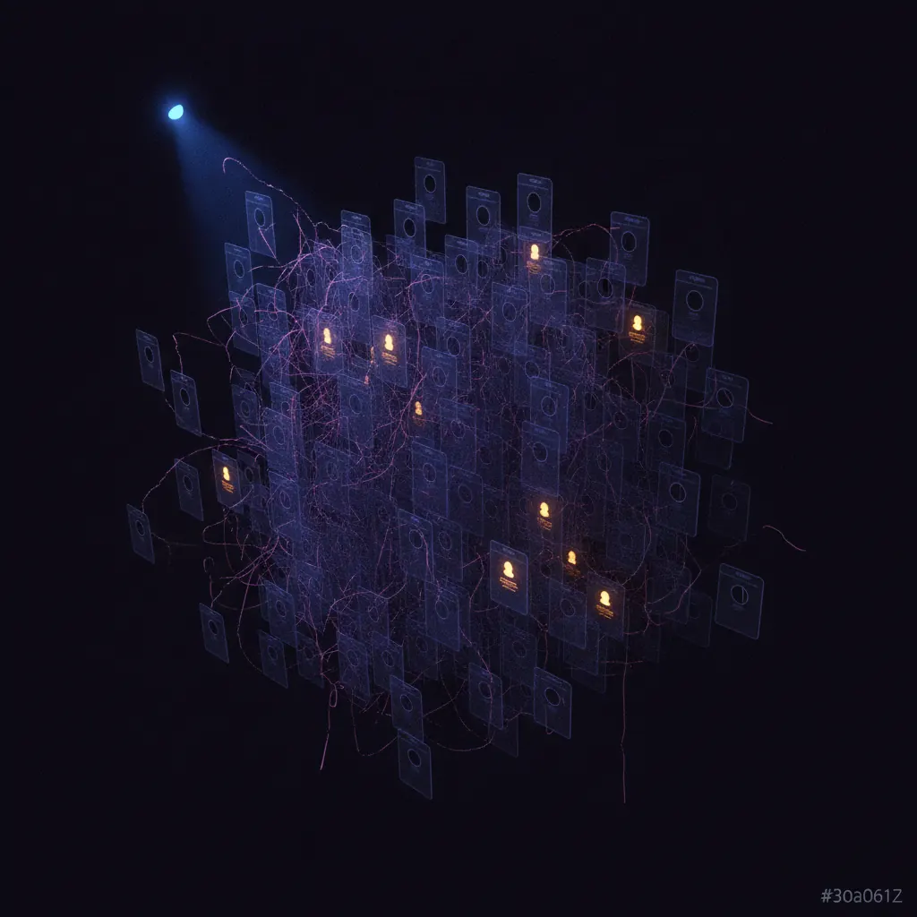 Grid of translucent indigo contact cards drifting in dark space, most unlit and orphaned, amber highlights on a few claimed cards, pink severed threads dangling, a blue beam sorting one cluster