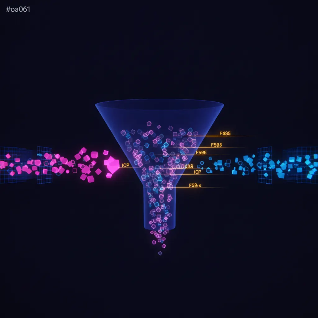 Translucent indigo funnel of contact records being sorted, amber beams stamping ICP scores, pink duplicates merging into a lit node, blue enrichment lattice feeding firmographic data from the sides