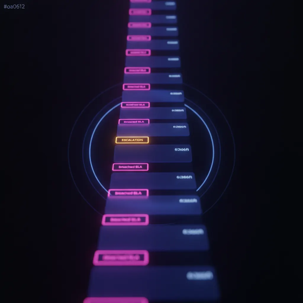 Stacked queue of translucent indigo support ticket cards receding into dark space, pink outlines marking breached SLA cards, one amber-lit escalation card at the front, a faint blue countdown ring pulsing across the queue