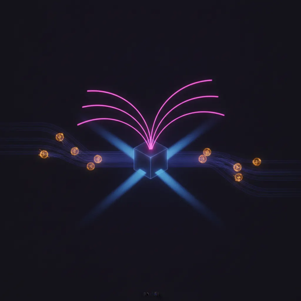 Live triage lattice with translucent indigo ticket threads flowing into a central sorting node, amber severity tags stamping certain threads, pink escalation arcs branching upward, blue draft-response beams feeding rep channels