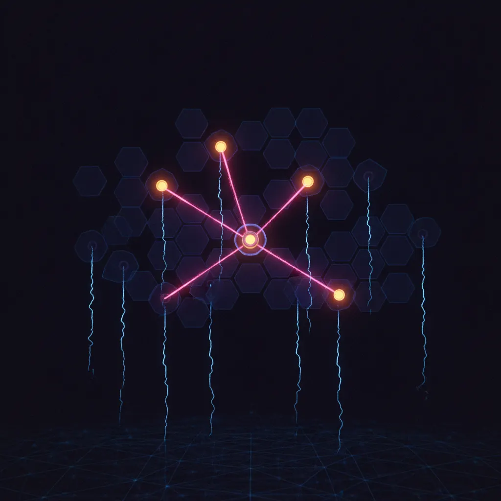 Constellation of 47 dim partner logo tiles floating in dark space, three amber-lit tiles connected to a central pipeline node by pink beams, blue severed threads dangling from dormant tiles
