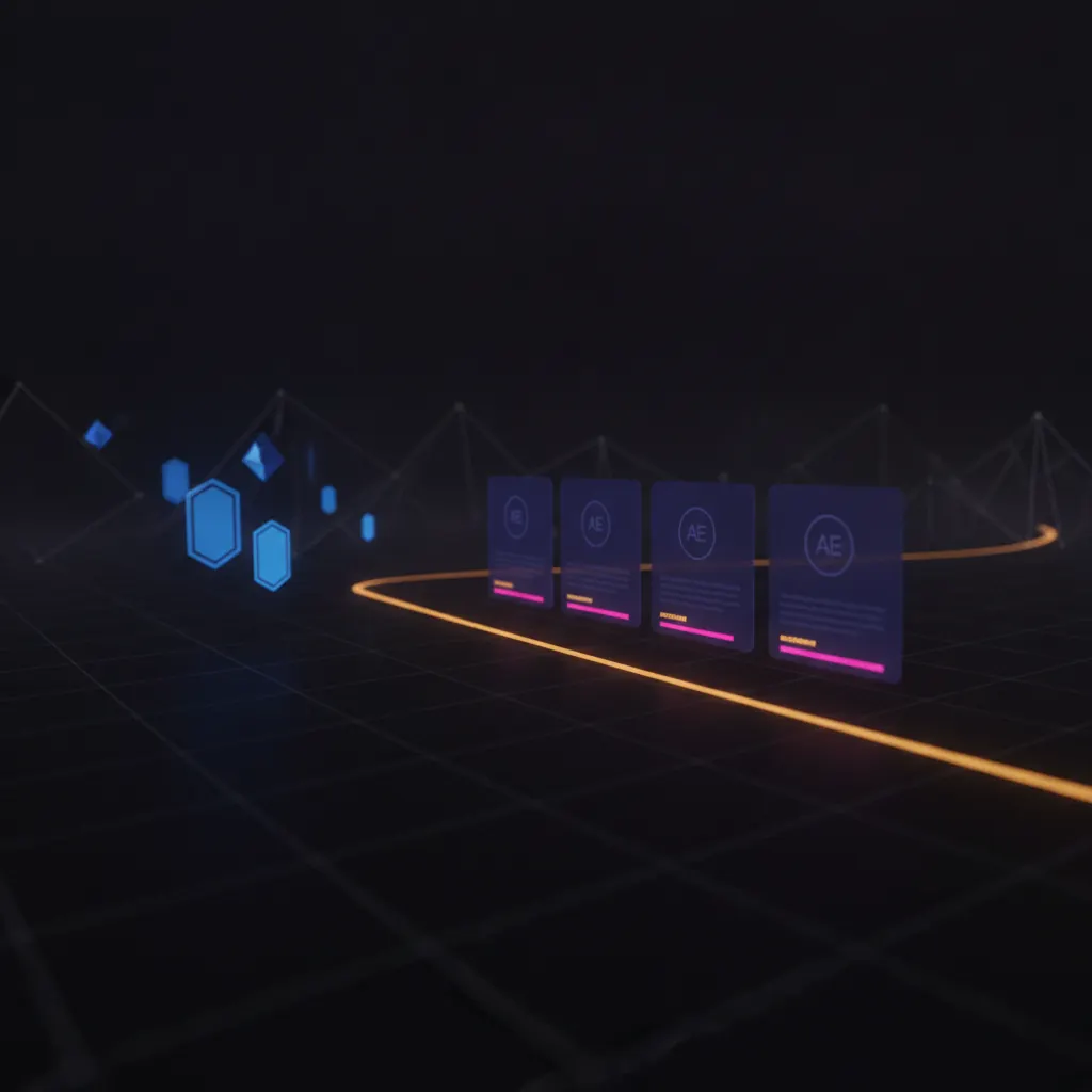 Grid of translucent indigo AE profile tiles arranged along a stretching amber timeline, four dim pink attainment gauges filling too slowly, blue certification badges scattered off to the side, dark near-black backdrop