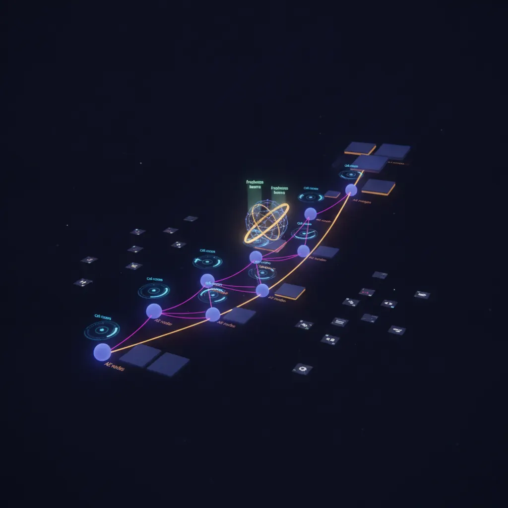 Sales floor lattice with indigo AE nodes ranked along an amber ramp curve, pink coaching threads routed to manager tiles, blue call-score gauges pulsing above each rep, a central enablement engine emitting freshness beams to a scattered asset library