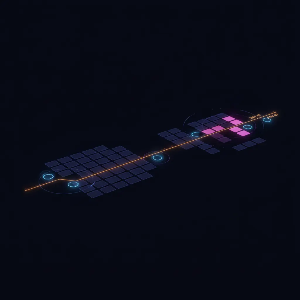 Grid of translucent indigo account tiles arranged along a stretching amber activation timeline, six pink tiles fading at the day 47 marker, blue milestone checkpoints scattered too sparsely along the path, dark near-black backdrop