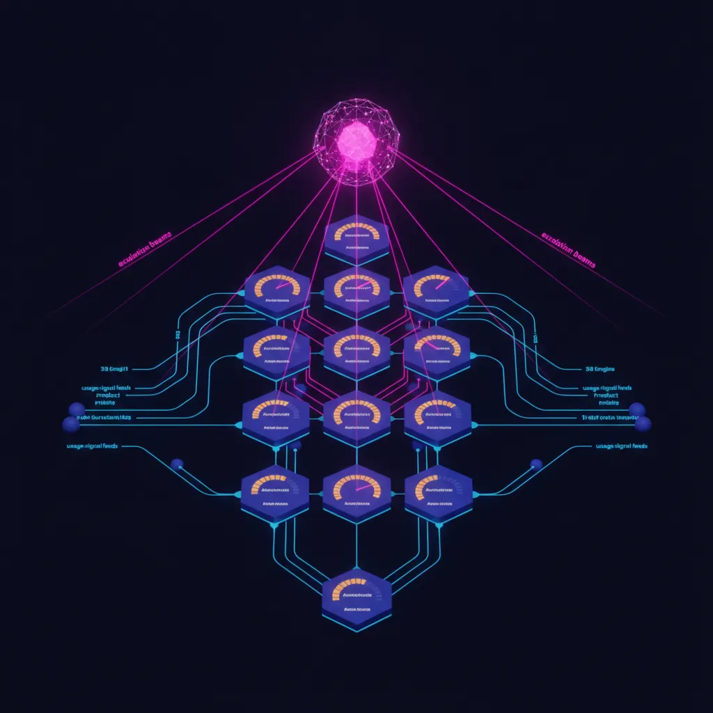 Live customer onboarding lattice with indigo account nodes ranked by activation score, amber milestone gauges filling in real time, pink escalation beams routed to a central CS engine, blue usage-signal feeds arriving from product telemetry