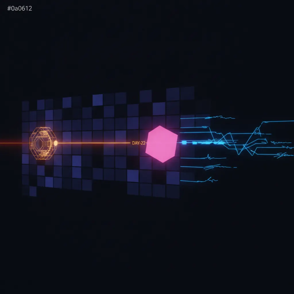 Grid of translucent indigo contract tiles arranged along a stretching amber redline timeline, one large pink tile pulsing at the day-22 marker, blue signature beams routing toward a central legal engine but stalling midway, dark near-black backdrop