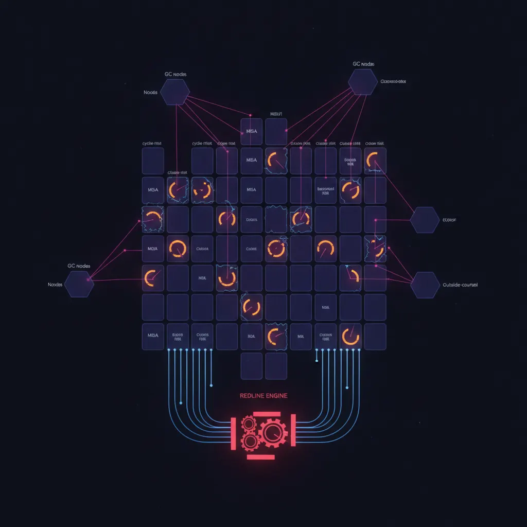 Live legal-ops lattice with indigo contract tiles ranked by cycle-time bucket, amber clause-risk gauges pulsing on bespoke edits, pink escalation beams routed to GC and outside-counsel nodes, blue fallback-library feeds arriving at a central redline engine
