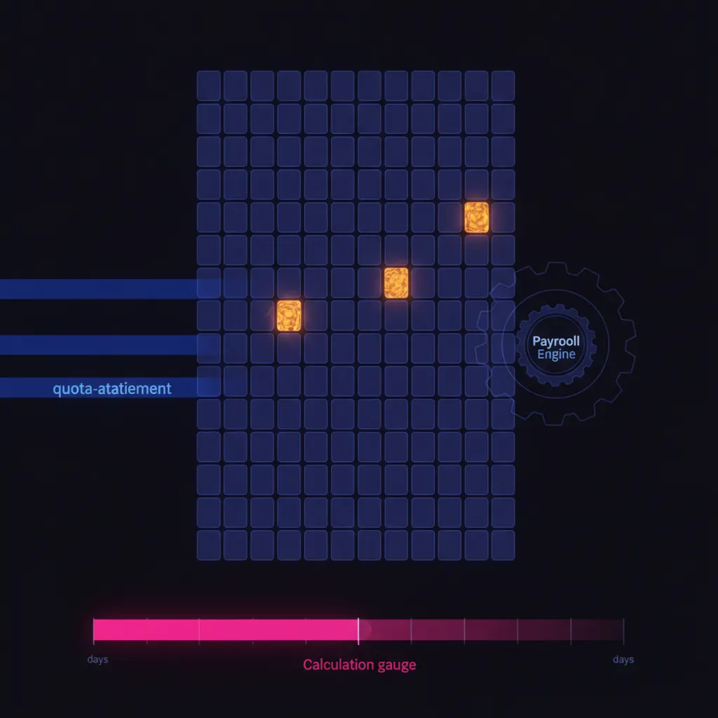 Grid of translucent indigo commission statement tiles ranked in vertical columns, three amber tiles pulsing in dispute state, a pink calculation gauge stretching across nine day-markers, blue quota-attainment beams stalling at the seventh column, dark near-black backdrop