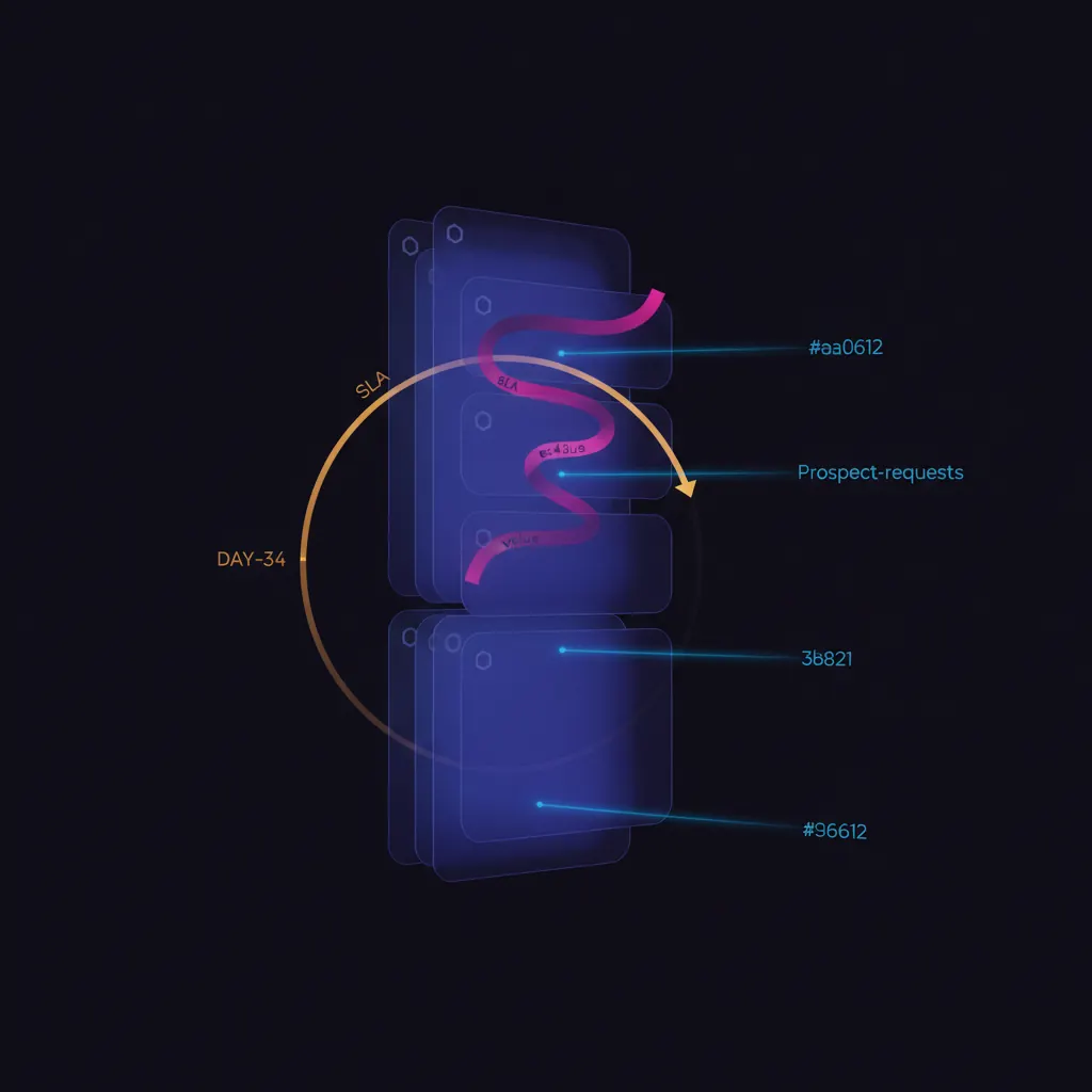 Vertical stack of translucent indigo security questionnaire panels, oldest ghosted at the bottom, an amber SLA gauge crossing day 34, blue prospect-request beams arriving from the right edge, a pink deal-value ribbon threading across three panels, dark near-black backdrop