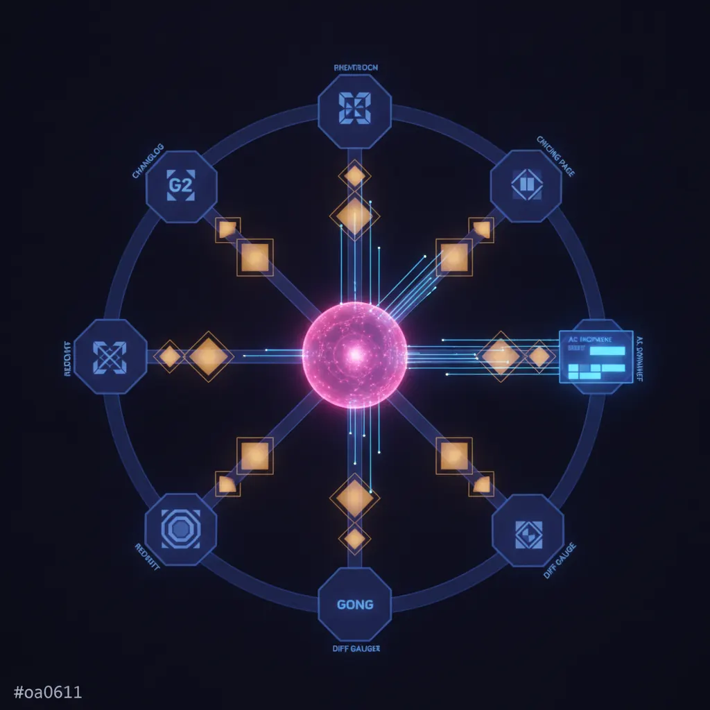 Radial monitoring lattice with a central pink competitive-intel synthesis engine, indigo competitor-signal nodes on the outer ring for changelog, pricing, G2, Reddit, Gong, amber diff gauges pulsing along the spokes, blue battle-card refresh beams routing outward to a highlighted AE morning brief panel, dark near-black backdrop