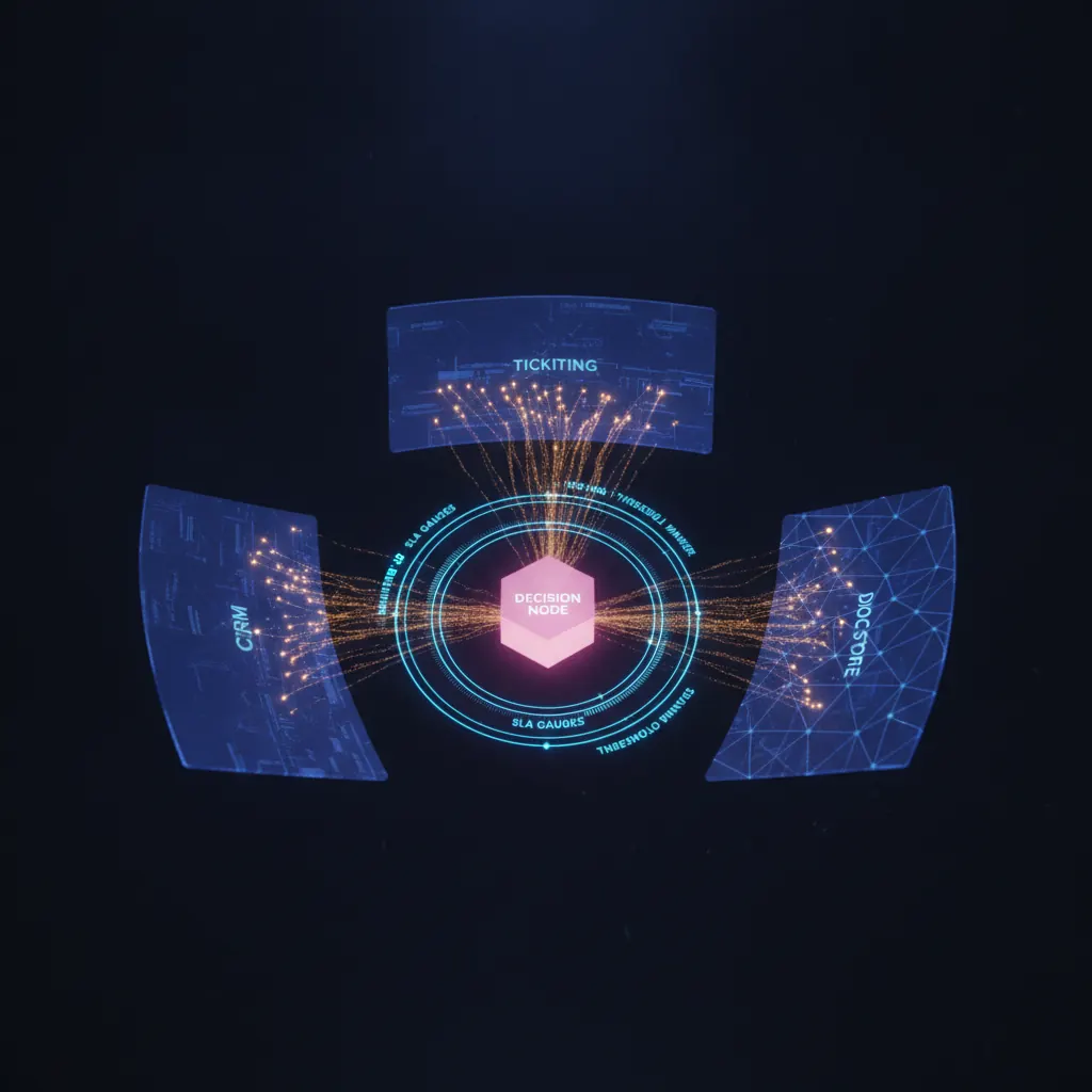 Three translucent indigo system panels feeding amber data flows into a central pink hexagonal decision node ringed by blue SLA gauges on a dark backdrop