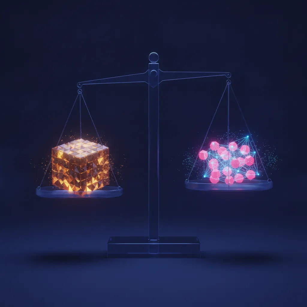 Translucent indigo balance scale tilted slightly on a dark backdrop, one pan holding a single dense amber cube with geometric ridges, the other holding a cluster of small pink hexagonal agent nodes tied together with thin blue beams, soft particle glow around both pans