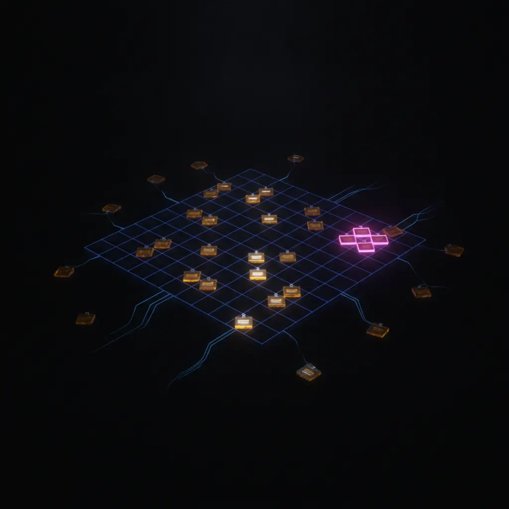 Translucent indigo tradeshow booth grid receding into deep space with hundreds of dim amber badge tokens scattered across it, six luminous pink hexagonal tokens clustered in one corner, thin blue data ribbons trailing off the edges