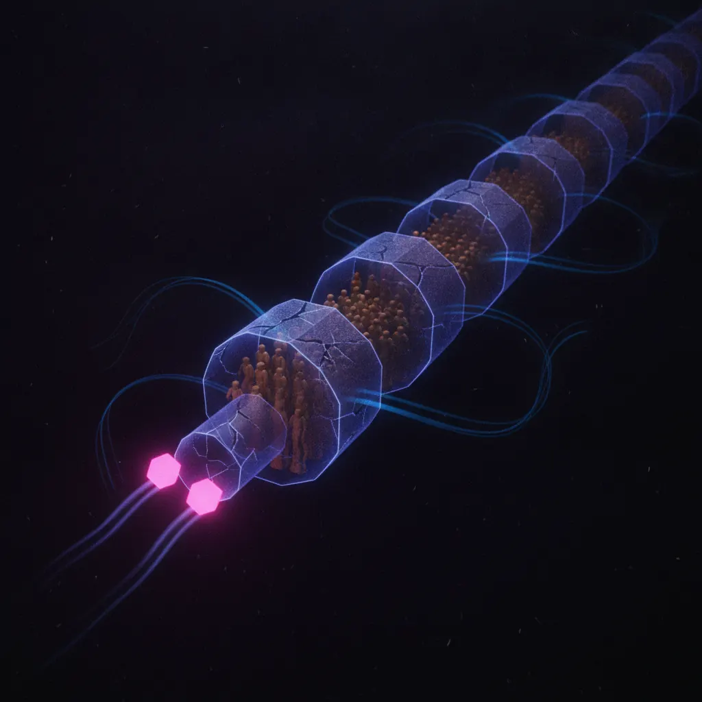 Translucent indigo applicant-tracking pipeline receding into deep space, dense stacks of amber applicant tokens waiting in queue, only two pink hexagonal hire tokens escaping the narrow end, blue rejection ribbons trailing off into darkness
