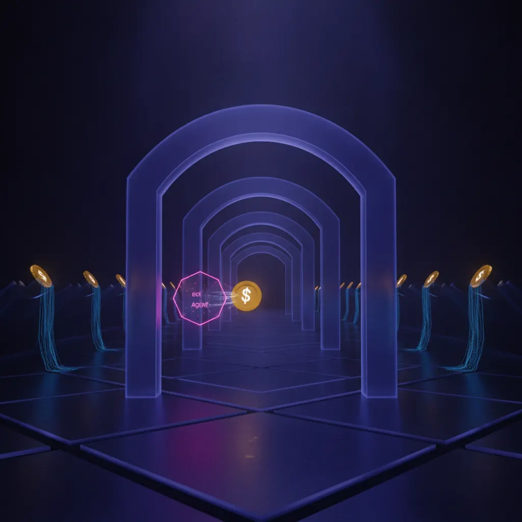 Translucent indigo corridor with three sequential arched approval gates receding in perspective, a luminous amber pricing token traveling through the first gate, a pink hexagonal agent node hovering beside it accelerating the token past two dim stalled gates, blue delay ribbons falling from stalled amber tokens on the side racks
