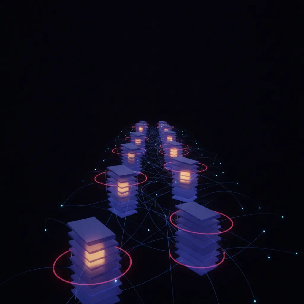 Wall of stacked translucent indigo contract stacks receding on a dark backdrop, a few glowing amber and others ringed with faint pink redline halos, thin blue signature threads drifting between them