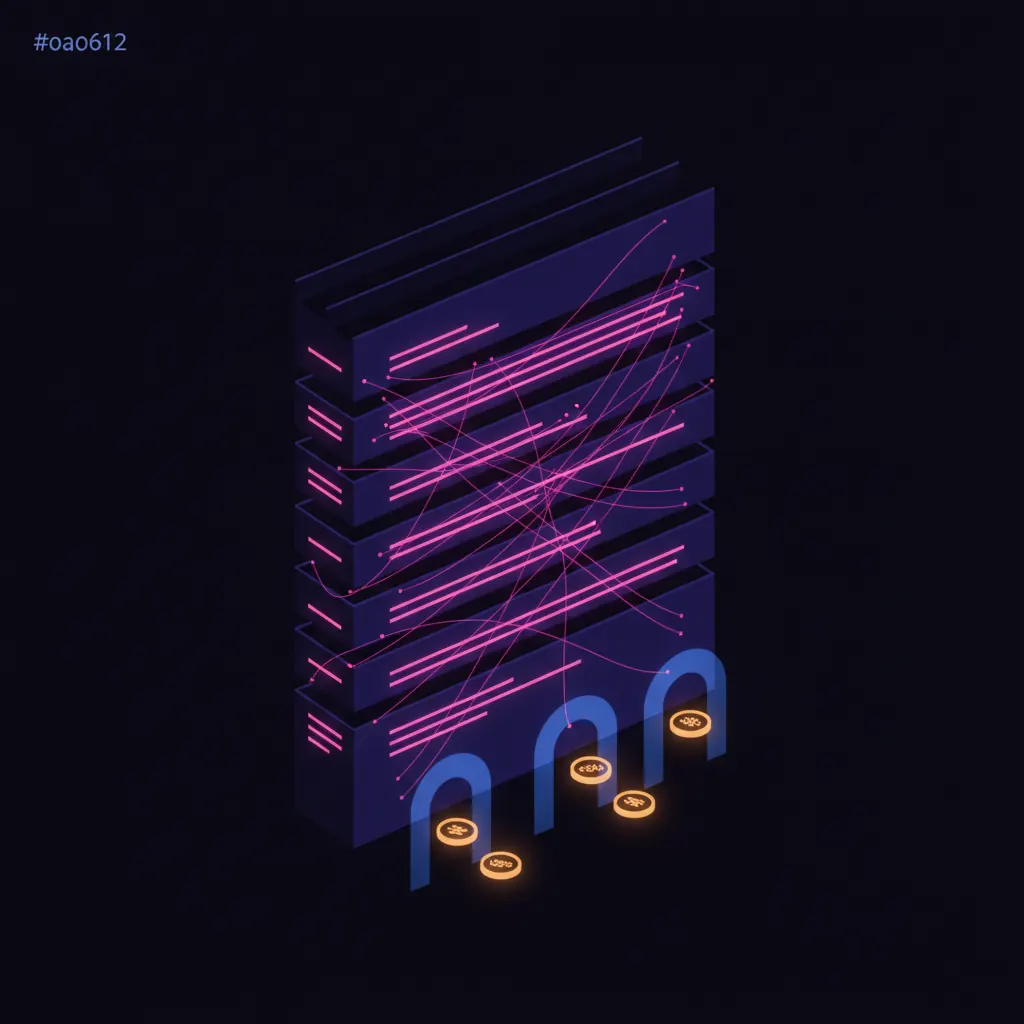 Indigo contract stack sliced into clause bands on a dark backdrop, pink redline threads weaving between the bands and amber approval tokens routing through blue signature gates at the bottom edge
