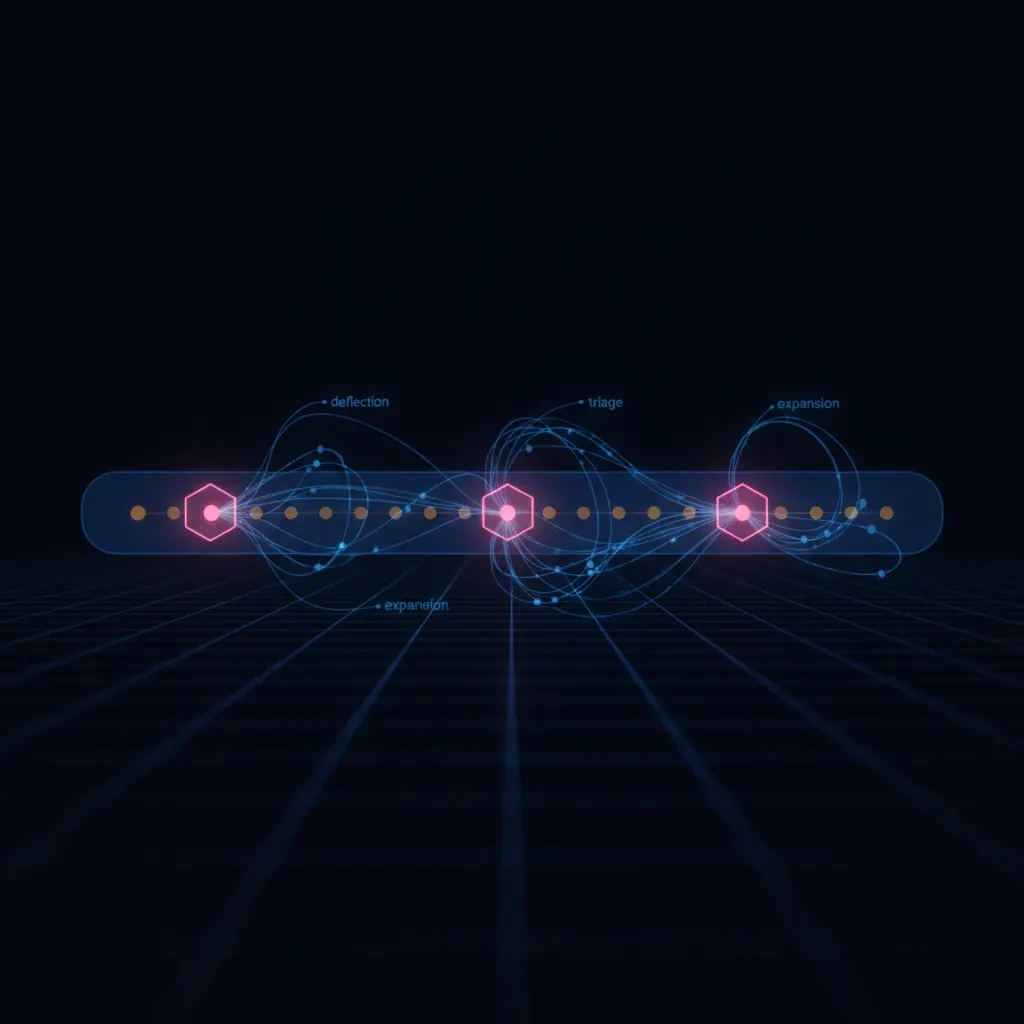 Translucent indigo 90-day calendar timeline with amber day markers stretching horizontally, three pink hexagonal agent nodes anchored at day 30, day 60, and day 90 emitting blue branching data threads that multiply across the timeline into a dense weave
