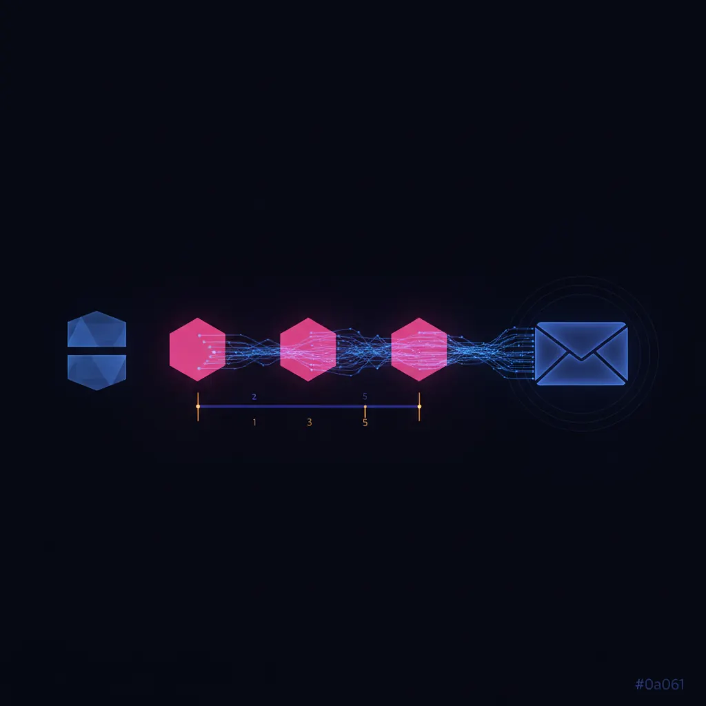 Three pink hexagonal agent nodes arranged along a horizontal indigo monthly cadence timeline with amber day markers at day 1 day 3 and day 5, blue data threads flowing from stacked translucent source system panels on the left through the three nodes and converging into a single sealed indigo envelope glowing on the right