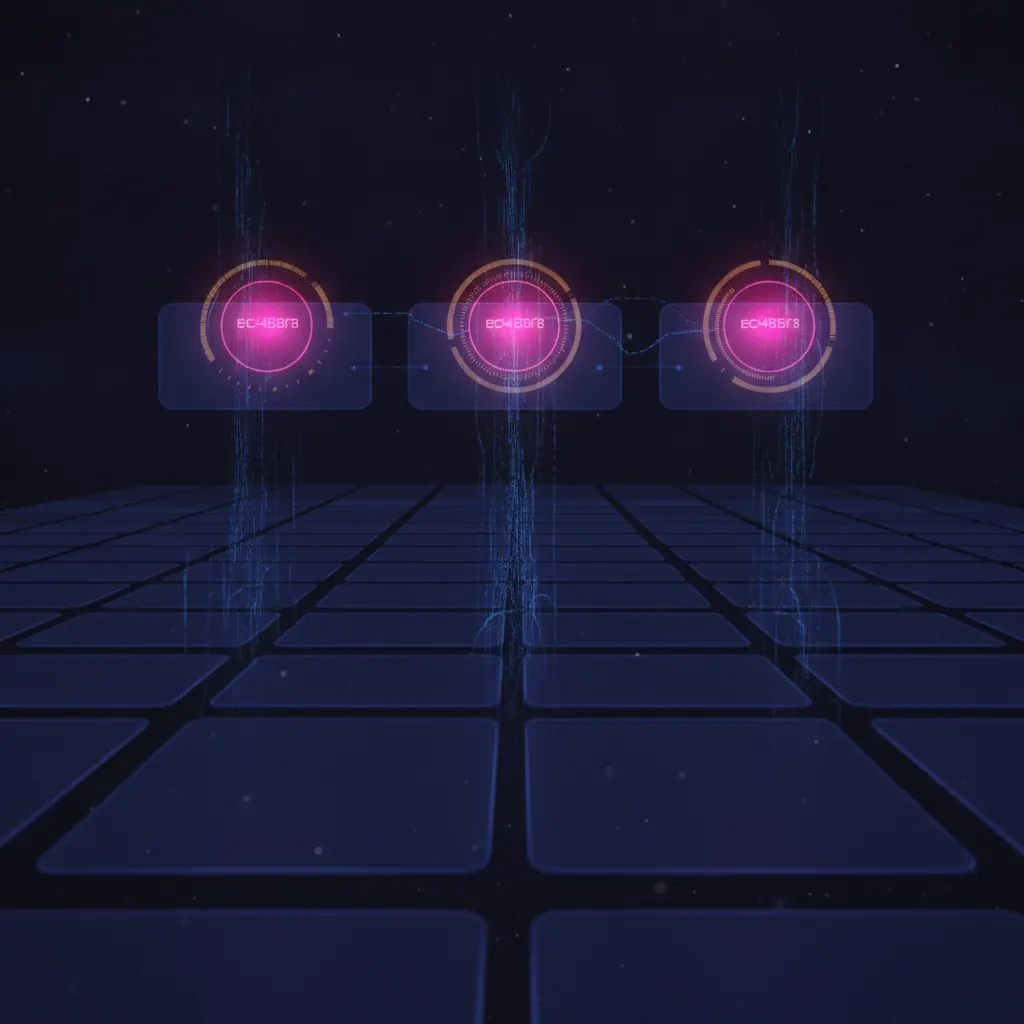 Thirty-four translucent indigo board slides floating in a receding grid with three near the top glowing pink under stale amber timestamp halos, blue data threads drifting in from unseen source system panels below and tapering unresolved before reaching the slides