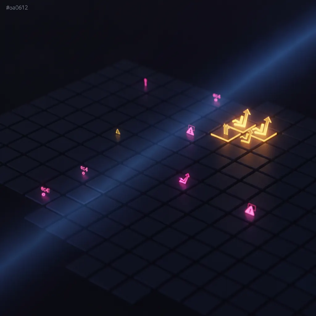 Grid of translucent indigo customer account tiles floating in dark space, amber growth arrows rising from a cluster of unlit tiles, pink alert pulses on missed expansion signals, a blue scoring beam sweeping across the field