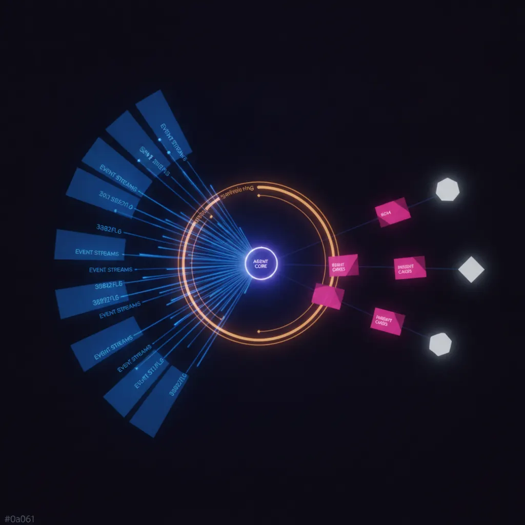 Central indigo agent core pulling blue event streams from a fan of translucent source panels on the left, refining them through an amber synthesis ring, and pushing pink insight cards to three lit destination nodes on the right
