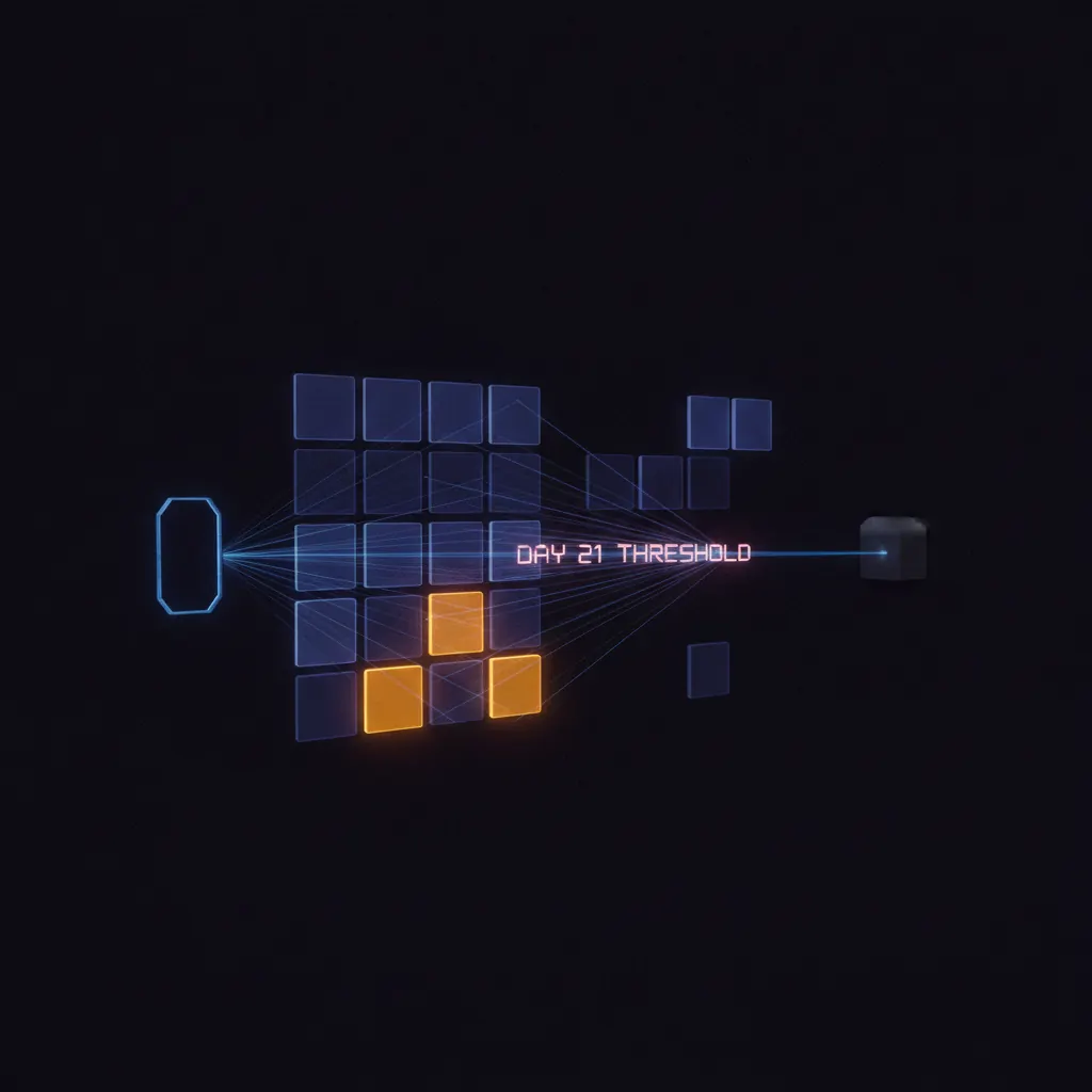 Twenty two translucent indigo contract tiles floating in dark space with six glowing amber at the front and four dimmer tiles drifting past a faint pink day 21 threshold line as blue ribbon threads pool from a closed won gateway toward a stalled implementation node
