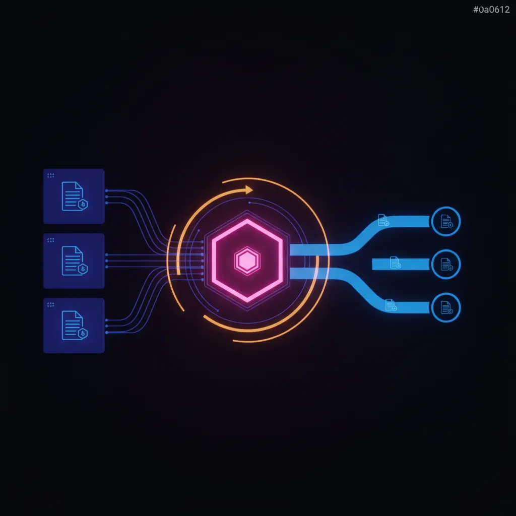 Central pink hexagonal legal-agent core pulling translucent indigo contract streams from four labeled input panels, refining through an amber redline routing ring, pushing blue ribbon flows of stamped MSA and DPA icons to three lit destination nodes
