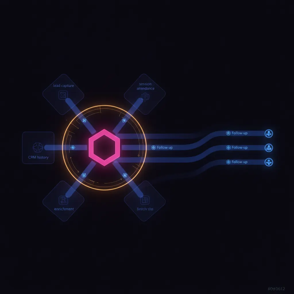 Central pink hexagonal agent core pulling translucent indigo badge-scan streams from four labeled input panels covering lead capture, session attendance, CRM history and enrichment, refining through an amber routing ring, pushing blue ribbon flows of stamped follow-up icons to three lit destination nodes