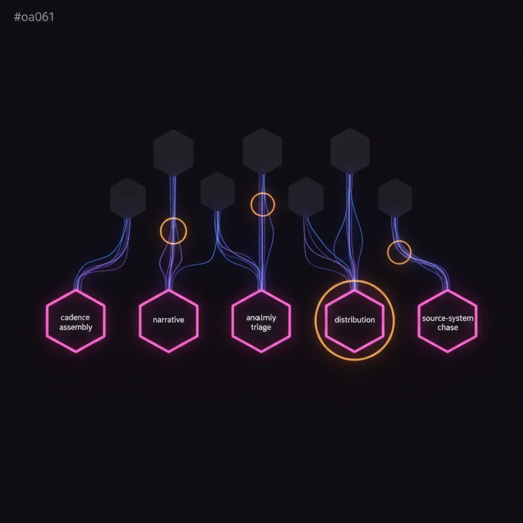 Horizontal timeline of five glowing pink hexagonal function nodes labeled by position for cadence assembly, narrative, anomaly triage, distribution, and source-system chase, emitting indigo and blue data threads into seven stacked source-system panels with two amber alert halos pulsing along the threads