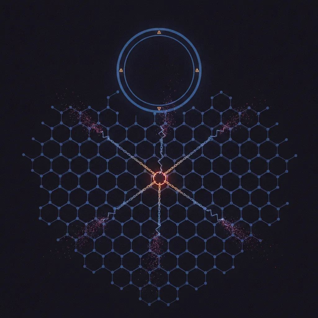 Dim indigo lattice of 340 rigid hexagonal automation chains wired in straight lines, six chains glowing amber into broken junctions, three snapped mid-flow with pink error sparks, a large blue geometric ops queue orbiting above with amber warning glyphs pulsing along the edge